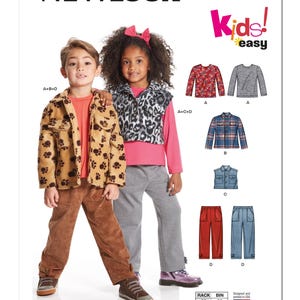 May include: A New Look sewing pattern for children's clothing. The image shows two children modeling outfits, including a brown jacket with paw prints, a vest, shirts, and pants. The pattern includes the text "Kids! easy".