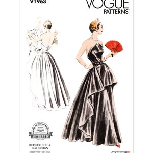 May include: Vintage Vogue sewing pattern for a black strapless gown with a fitted bodice and a full skirt. The pattern is a reissue of a 1948 design. The pattern number is V1963.