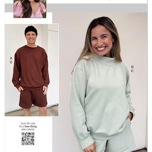 May include: A product image featuring a woman and a man modeling matching sweatshirt and shorts sets. The sets are in brown and mint green. The text "ALISSAH THREADS knowMe" is at the top. The image also includes a QR code and the text "Designed and printed in USA."