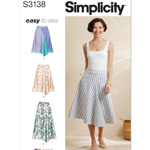 May include: Simplicity sewing pattern S3138, featuring three skirt designs. The image shows a woman wearing a striped skirt. The pattern includes the text "easy-to-sew" and is designed and printed in the USA.