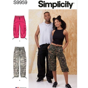 May include: Simplicity sewing pattern S9959 for cargo pants. The pattern includes two styles: a long, pink cargo pant and a shorter, camouflage cargo pant. The pattern is designed and printed in the USA.