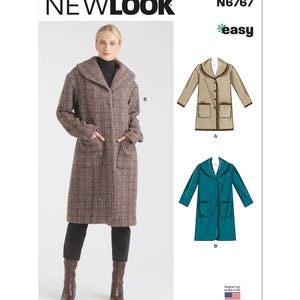 May include: A sewing pattern for a long coat with a collar. The pattern includes two variations: one with a brown and white plaid fabric and one with a teal fabric. The pattern is labeled "N6767 easy" and is designed and printed in the USA.