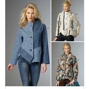 May include: Three different styles of jackets with a high collar and a button closure. The jackets are shown on three different models. The first jacket is a blue and white patterned jacket. The second jacket is a beige and blue patterned jacket. The third jacket is a floral patterned jacket.