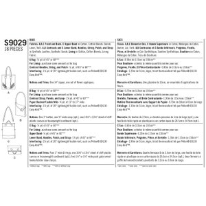 May include: Sewing pattern S9029 with diagrams and fabric requirements for three different bag styles. Includes details for materials like cotton, denim, and synthetic leather, plus notions such as zippers, buttons, and D-rings. Measurements are provided in inches and yards.