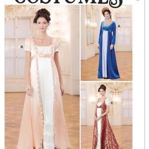 May include: McCall's Costumes pattern featuring three different historical dress designs. The dresses include a long blue velvet gown, a white and peach gown, and a white dress with a red brocade overdress. The pattern is designed and printed in the USA.