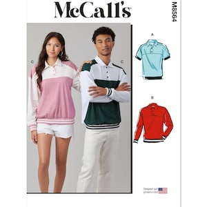 May include: McCall's sewing pattern M8564 for a long-sleeved polo shirt with a color-blocked design. The pattern includes three variations: a light blue, a red, and a green and white color-blocked shirt.