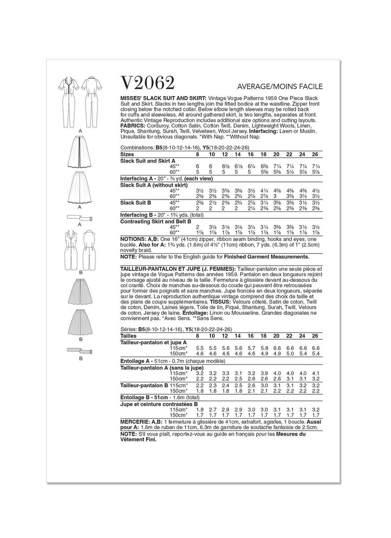 1950s Misses' Slack Suit and Skirt Vogue Sewing Pattern V2062 Uncut, FF ...