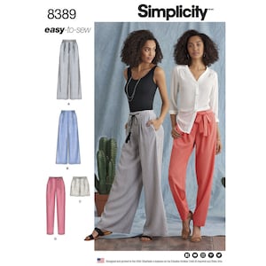 May include: A sewing pattern for wide-leg pants with a tie waist. The pattern includes four different styles: A - striped pants, B - solid blue pants, C - solid pink pants, and D - striped shorts. The pattern is labeled "Simplicity 8389 easy-to-sew".
