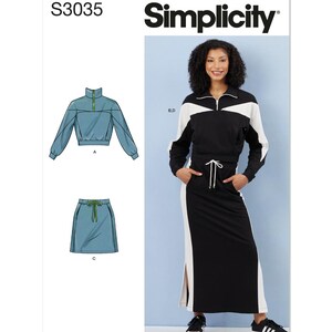 May include: A sewing pattern for a two-piece outfit, featuring a cropped top with a zipper and a long skirt with side slits. The pattern is called Simplicity S3035.