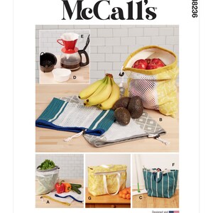 May include: A sewing pattern for making reusable grocery bags. The pattern includes instructions for making a variety of bags, including a drawstring bag, a tote bag, and a cooler bag. The pattern is designed and printed in the USA. McCall's M8236.