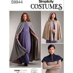 May include: Simplicity Costumes sewing pattern featuring three cape designs. The image shows a long gray cape, a hooded tan cape, and a navy blue cape with gold trim. The pattern includes the text "easy-to-sew" and "Designed and printed in USA."