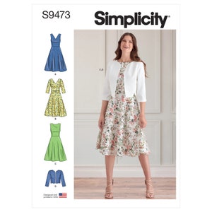 May include: Simplicity sewing pattern S9473 for a dress with a fitted bodice and a full skirt. The pattern includes four variations: a sleeveless dress with a V-neck, a dress with 3/4 sleeves and a V-neck, a sleeveless dress with a scoop neck, and a cropped jacket.