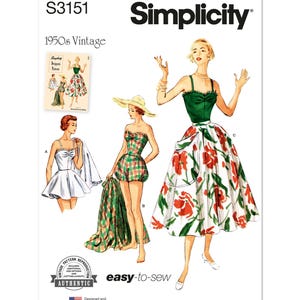 May include: Simplicity S3151 vintage sewing pattern featuring 1950s designs. The illustration shows three different outfits: a white dress, a plaid playsuit, and a green top with a floral skirt. The pattern is labeled "easy-to-sew."