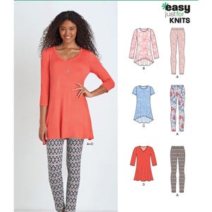 May include: A sewing pattern for a knit top and leggings. The pattern is from New Look and is labeled "easy just for knits". The pattern number is 6439. The pattern includes four different styles of tops and three different styles of leggings.
