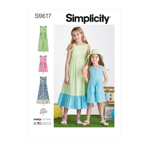 May include: Simplicity sewing pattern S9617 for a sleeveless dress with a ruffled hem. The pattern includes two sizes, one for a girl and one for a younger girl. The dress is shown in three different fabric options: green with white polka dots, pink with white polka dots, and a floral print. The pattern also includes a hat.