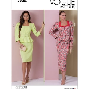 May include: Vogue Patterns sewing pattern for a two-piece outfit with a skirt and a jacket. The pattern is for sizes A, B, C, and D cups. The model on the left is wearing a lime green outfit, and the model on the right is wearing a floral print outfit.