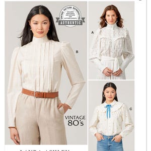May include: McCall's M8620 sewing pattern featuring vintage 80s Laura Ashley designs. The pattern includes options for blouses with high collars, puff sleeves, and decorative details. The image shows three different blouse styles.