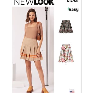 May include: A sewing pattern for a pleated skirt with two different styles. The pattern is from New Look and is labeled "easy". The pattern number is N6755.