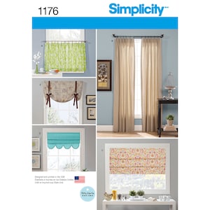 May include: Simplicity pattern 1176 featuring various window treatment designs. Includes a green patterned valance, beige drapes, a valance with brown bows, a turquoise scalloped valance, and a paisley print roman shade. Designed and printed in the USA.
