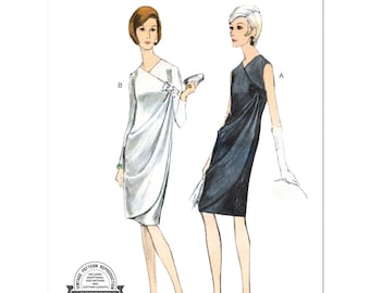 May include: Vintage Vogue Patterns sewing pattern, V1978, featuring two elegant dress designs from 1965. The illustration shows a white wrap dress and a black sleeveless dress. The pattern includes additional size options and cutting layouts. Designed and printed in the USA.