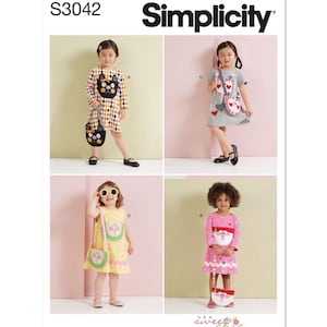 Vestido para niñas pequeñas con variaciones de mangas y bolso de Sew Sweet Chic de Susan Cousineau Patrón de costura Simplicity S3042 Sin cortar, FF
