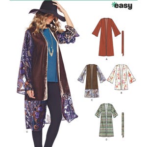 May include: A sewing pattern for a long, open-front cardigan with a variety of fabric options. The pattern includes four different styles: A, B, C, and D. The pattern is from New Look and is labeled "easy".