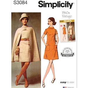 May include: Vintage sewing pattern for a 1960s style dress with a cape. The pattern includes two dress styles, one with a cape and one without. The pattern is from Simplicity and is labeled "easy-to-sew".