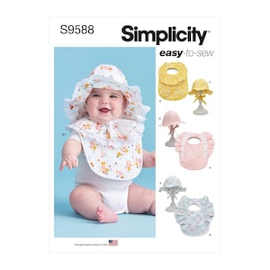 May include: A sewing pattern for a baby hat and bib. The pattern is called Simplicity easy-to-sew and has the number S9588. The pattern includes three different styles of hats and bibs, each with a different floral print.
