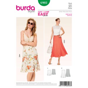 May include: A sewing pattern for a skirt with two different styles. The pattern is from Burda Style and is labeled "Super Easy Jacite". The pattern includes sizes EUR 34-50 and US 8-24.