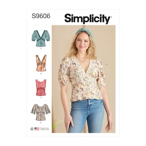 May include: Simplicity sewing pattern S9606 featuring four blouse designs. The main image shows a woman wearing a floral print blouse with a V-neck and short, puffed sleeves. The pattern includes options with lace and different sleeve styles.