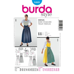 May include: A Burda Style sewing pattern for a Dirndl, a traditional Bavarian dress. The pattern includes illustrations of the dress and its components, with size options in US and EUR measurements. The cover features a woman wearing the Dirndl.