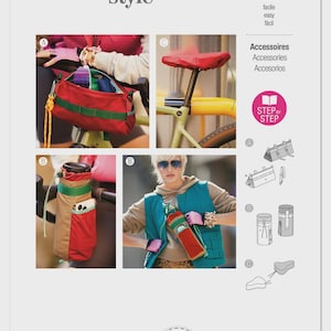 May include: A magazine page featuring Burda Style accessories. The page showcases a red and green bicycle bag, a red bicycle seat cover, and a water bottle holder. The text includes "leicht", "easy", and "accessories".