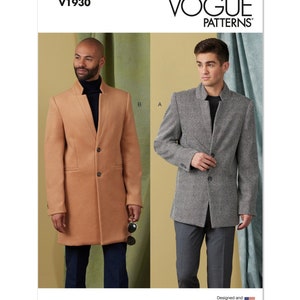 May include: Vogue Patterns sewing pattern featuring two coat designs. One coat is a tan, knee-length style with a notched collar and three buttons. The other is a gray, textured, knee-length coat with a notched collar and two buttons.