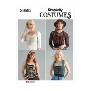 May include: Simplicity Costumes sewing pattern S9592 for a corset top with four different variations. The pattern includes a white corset top with gold accents, a black corset top with gold accents, a red corset top with black accents, and a blue corset top with black accents.