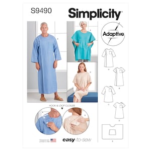 May include: A sewing pattern for a hospital gown with hook and loop closure. The pattern includes different styles and sizes. The pattern is from Simplicity and is labeled S9490.