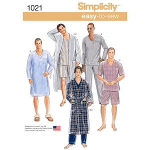 May include: A sewing pattern for men's pajamas and a robe. The pattern includes four different styles: a long-sleeved nightshirt, a short-sleeved nightshirt with shorts, a long-sleeved robe with a plaid pattern, and a long-sleeved robe with a striped pattern. The pattern is designed and printed in the USA.