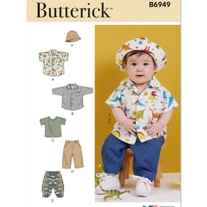 May include: A baby wearing a dinosaur-themed outfit, including a short-sleeved shirt, matching hat, and blue pants. The shirt and hat feature colorful dinosaur illustrations. The image also shows a pattern for various children's clothing items.