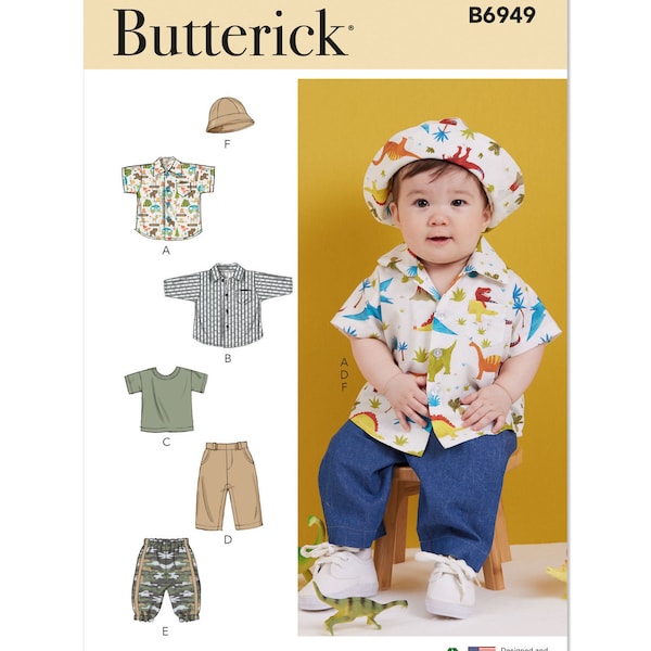 May include: A baby wearing a dinosaur-themed outfit, including a short-sleeved shirt, matching hat, and blue pants. The shirt and hat feature colorful dinosaur illustrations. The image also shows a pattern for various children's clothing items.