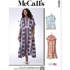 May include: McCall's sewing pattern M8516 featuring a long dress with a striped pattern in shades of gray, pink, and blue. The pattern includes illustrations of different dress styles. The text on the pattern reads "Scan QR code for a Sew-Along video tutorial."