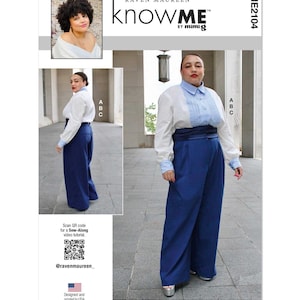 May include: A sewing pattern for wide-leg pants with a high waist and a belt. The pattern is called "knowME" by mimig and is designed by Raven Maureen. The pattern is for size ME2104.