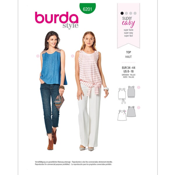 Misses' Tops with Hem Variations Burda Style Sewing Pattern 6201