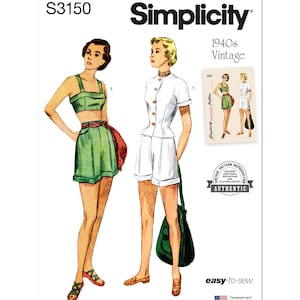 May include: Simplicity sewing pattern S3150 featuring vintage 1940s designs. The illustration shows two women in shorts sets. One is in a green shorts set with a matching top, and the other is in a white shorts set with a button-up top. The pattern is easy-to-sew.