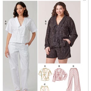May include: McCall's pattern M8612 featuring pajama sets. The image shows a woman wearing a white pajama set with a short-sleeved top and pants, and another woman in a dark floral pajama set with a long-sleeved top and shorts. Additional pajama set designs are also shown.