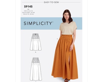 May include: A sewing pattern for a skirt with two different styles. The first style is a gathered skirt with a bow at the waist. The second style is a maxi skirt with a slit up the front. The pattern is for sizes UK 8-16, Euro 32-40, and French 34-42.