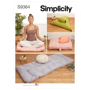 May include: Simplicity sewing pattern S9364 for making a variety of meditation cushions. The pattern includes instructions for making a rectangular cushion, a triangular cushion, and a round cushion. The cushions are shown in various colors and fabrics.