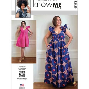 May include: A sewing pattern for a dress with a V-neckline and ruffled sleeves. The pattern is called "knowME" by mimig and is available in two styles: A and B. The dress in style A is pink and the dress in style B is blue with a red and white print. The pattern is designed and printed in the USA.