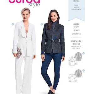 May include: Burda Style sewing pattern 6376 for a jacket in two variations. View A is a solid white blazer with a shawl collar and waist buckle. View B is a dark grey jacket with blue floral patterns, a stand collar, and a waist buckle. Sizes US 8-18.