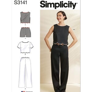 May include: Simplicity sewing pattern S3141. The image shows a woman wearing a black sleeveless top and matching wide-leg pants. The pattern includes a top, shorts, cropped top, and pants. The pattern includes a top, shorts, cropped top, and pants.