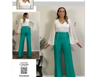 May include: A sewing pattern for a white top with bell sleeves and wide-legged pants. The pants are a bright teal color and have a high waist with gold buttons. The pattern is called "knowME" by mimig and is designed by Erica Bunker.