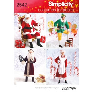 May include: Simplicity sewing pattern number 2542 for adult Christmas costumes. The pattern includes four costumes: Santa Claus, Mrs. Claus, an elf, and a Santa's helper. The pattern is illustrated with photos of the finished costumes.